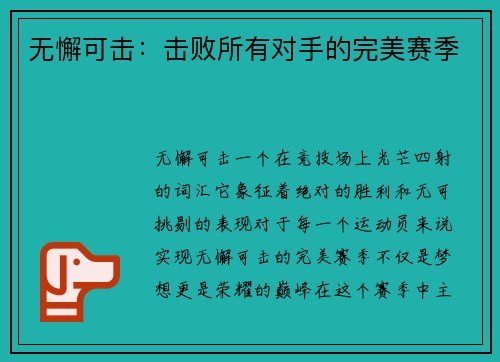 无懈可击：击败所有对手的完美赛季